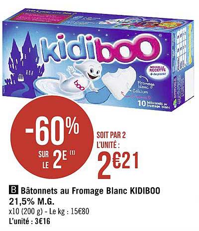 bâtonnets au fromage blanc kidiboo 21.5% m.g. -60% sur le 2e