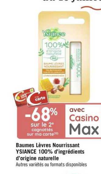 baumes lèvres nourrissant ysiance 100% d'ingrédients d'origine naturelle