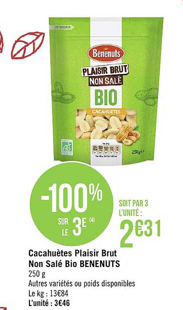 cacahuètes plaisir brut non salé bio benenuts -100% sur le 3e
