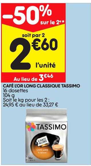 Café L'or Long Classique Tassimo -50% Sur Le 2e