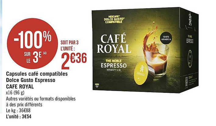 capsules café compatibles dolce gusto espresso café royal -100% sur le 3e