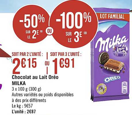 Chocolat Au Lait Oréo Milka -50% Sur Le 2e Ou -100% Sur Le 3e