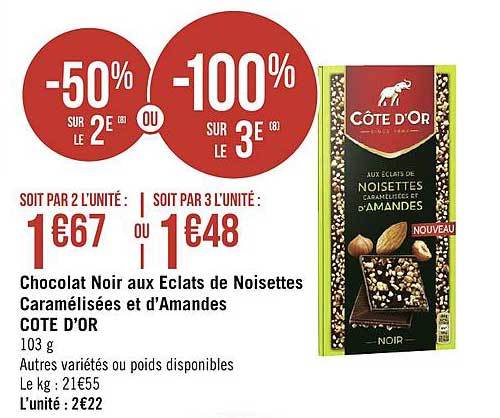 chocolat noir aux éclats de noisettes caramélisées et d'amandes cote d'or -50% sur le 2e ou -100% sur le 3e