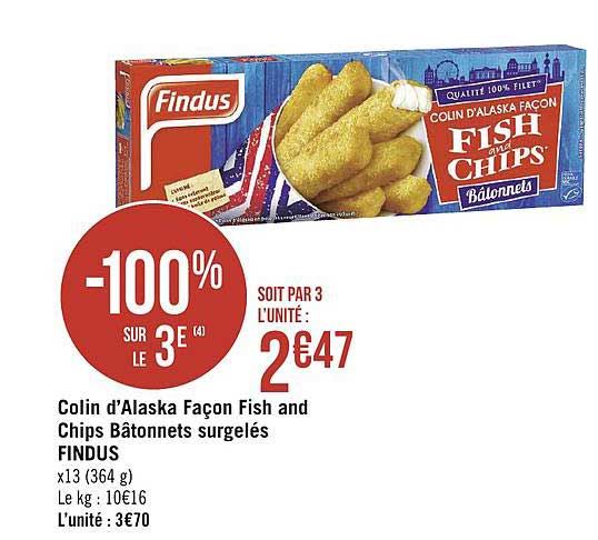 Colin D'alaska Façon Fish And Chips Bâtonnets Surgelés Findus -100% Sur Le 3e