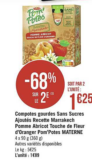 compotes gourdes sans sucres ajoutés recette marrakech pomme abricot touche de fleur d'oranger pom'potes materne  -68% sur le 2e
