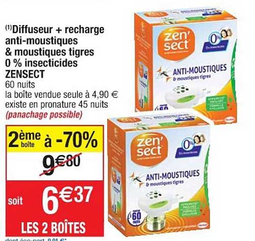 diffuseur + recharge anti moustiques & moustiques tigres 0 % insecticides zensect 2ème boîte à -70%