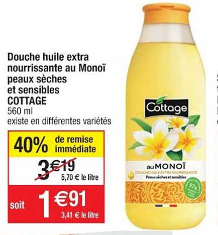 douche huile extra nourrissante au monoï peaux sèches et sensibles cottage 40% de remise immédiate