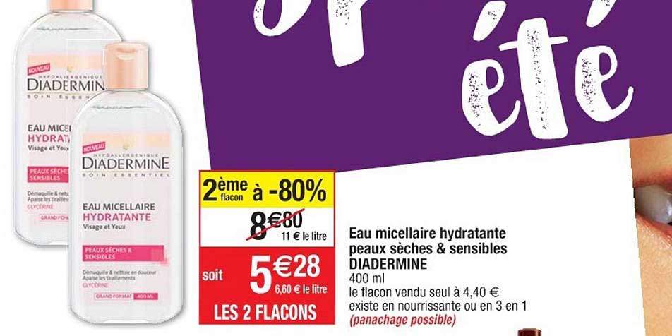 eau micellaire hydratante peaux sèches & sensibles diadermine 2ème flacon à -80%