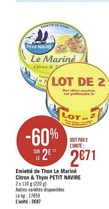 Emietté De Thon Le Mariné Citron & Thym Petit Navire -60% Sur Le 2e