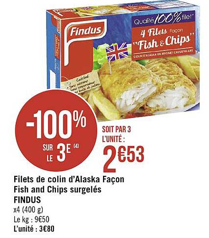 filets de colin d'alaska façon fish and chips surgelés findus -100% sur le 3e