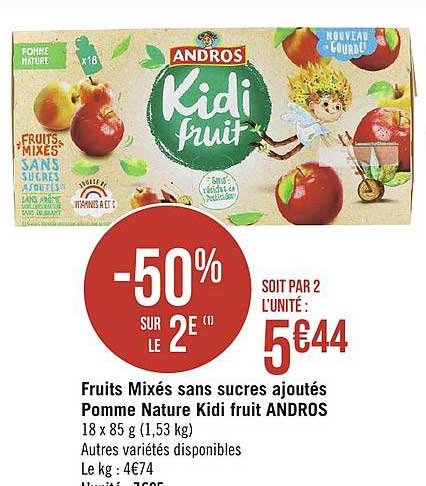 fruits mixés sans sucres ajoutés pomme nature kidi fruit andros -50% sur le 2e