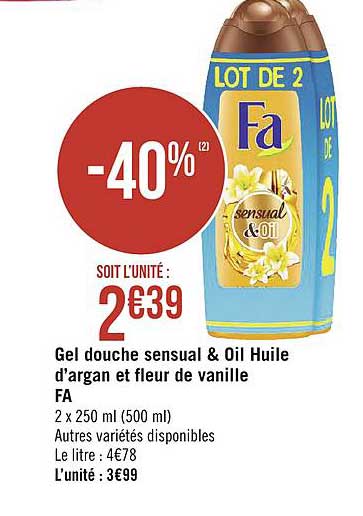 gel douche sensual & oil huile d'argan et fleur de vanille fa