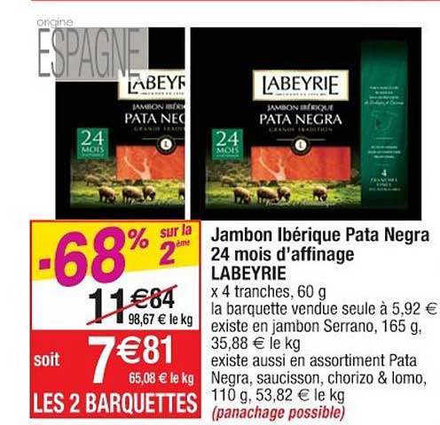jambon ibérique pata negra 24 mois d'affinage labeyrie -68% sur la 2ème