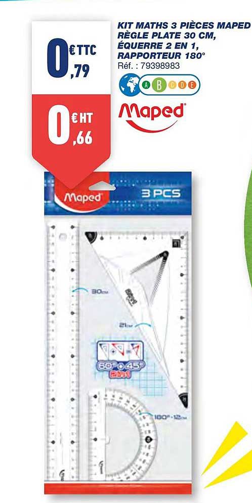 kit maths 3 pièces maped règle plate 30 cm équerre 2 en 1 rapporteur 180°