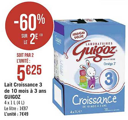 Lait Croisssance 3 De 10 Mois à 3 Ans Guigoz -60% Sur Le 2e