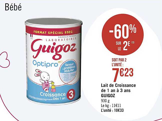 lait de croissance de 1 an à 3 ans guigoz -60% sur le 2e