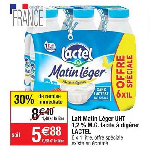lait matin léger uht 1.2% m.g. facile à digérer lactel 30% de remise immédiate