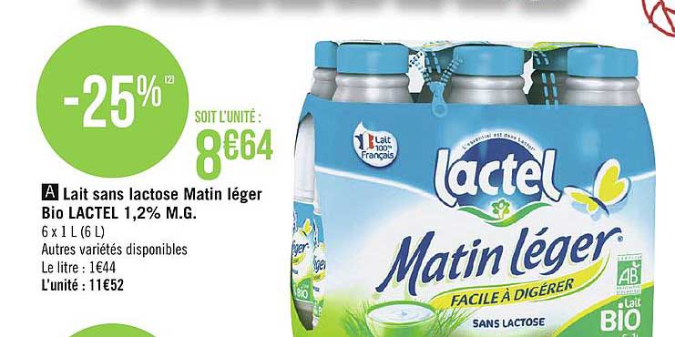 lait sans lactose matin léger bio lactel 1.2% m.g.