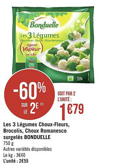 Les 3 Légumes Choux Fleurs Brocolis Choux Romanesco Surgelés Bonduelle -60% Sur Le 2e