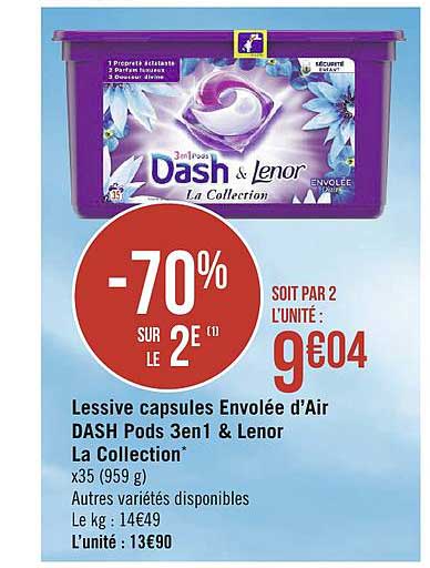 lessive capsules envolée d'air dash pods 3en1 & lenor la collection -70% sur le 3e