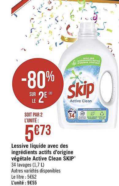 lessive liquide avec des ingrédients actifs d'origine végétale active clean skip -80% sur le 2e