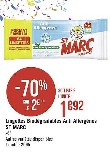 lingettes biodégradables anti allergènes st marc -70% sur le 2e