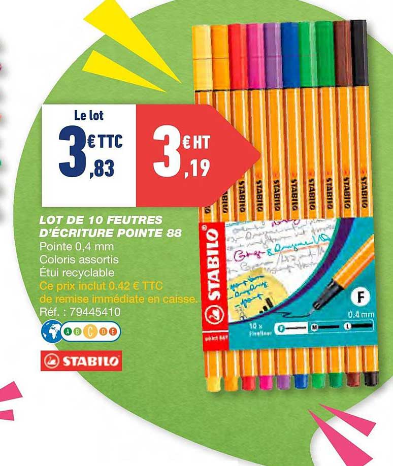 Lot De 10 Feutres D'écriture Pointe 88 Stabilo
