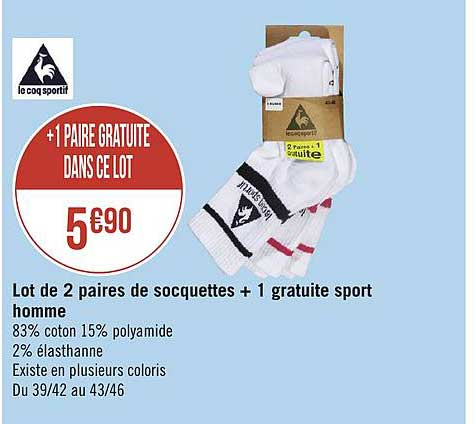 lot de 2 paires de socquettes + 1 gratuite sport homme