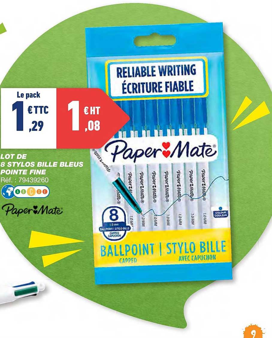 Lot De 8 Stylos Bille Bleus Pointe Fine Paper Mate