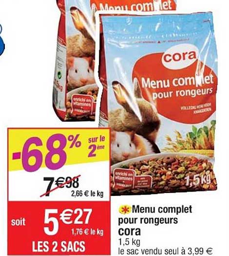 menu complet pour rongeurs cora -68% sur le 2ème