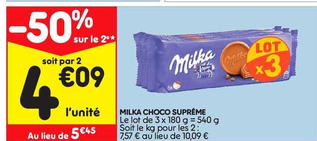Milka Choco Suprême -50% Sur Le 2e