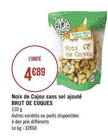 noix de cajou sans sel ajouté brut de coques
