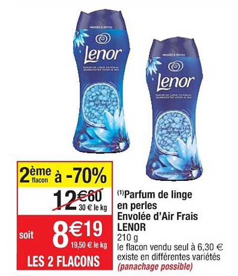 parfum de linge en perles envolée d'air frais lenor 2ème flacon à -70%