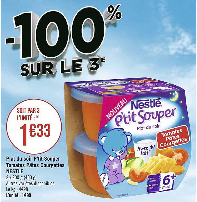 plat du soir p'tit souper tomates pâtes courgettes nestle -100% sur le 3e