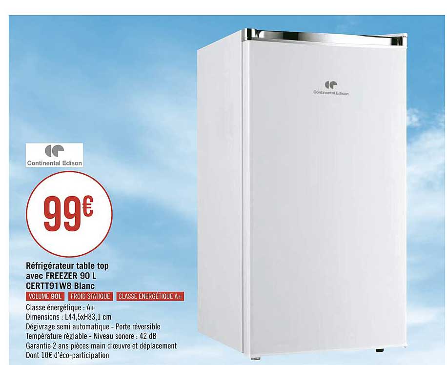 réfrigérateur table top avec freezer 90 l certt91w8 blanc continental edison