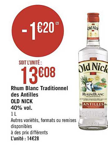 rhum blanc traditionnel des antilles old nick 40% vol.