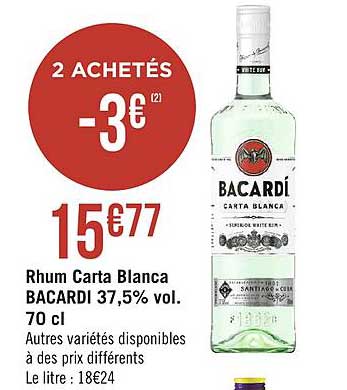 rhum carta blanca bacardi 37.5% vol. 70 cl