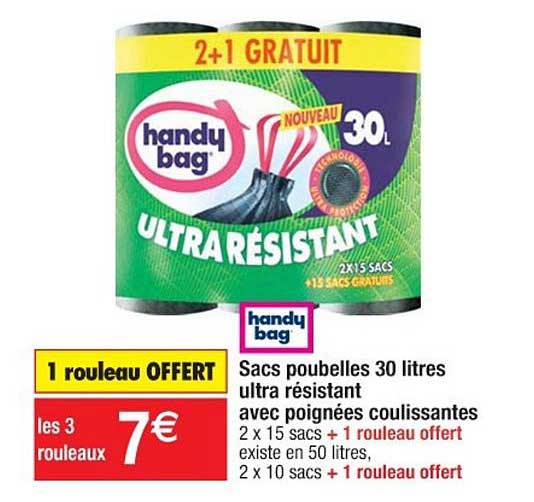Sacs Poubelles 30 Litres Ultra Résistant Avec Poignées Coulissantes Handy Bag