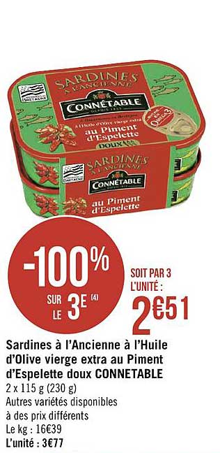 sardines à l'ancienne à l'huile d'olive vierge extra au piment d'espelette doux connetable -100% sur le 3e