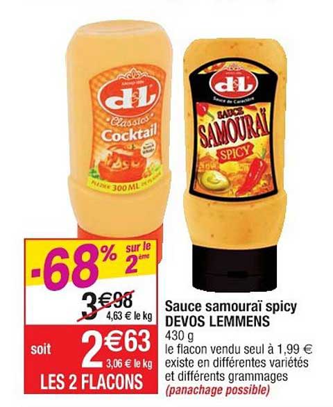 sauce samouraï spicy devos lemmens -68% sur le 2ème
