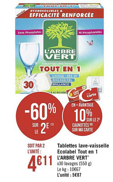 tablettes lave vaisselle ecolabel tout en 1 l'arbre vert -60% sur le 2e