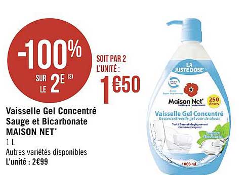 vaisselle gel concentré sauge et bicarbonate maison net -100% sur le 2e