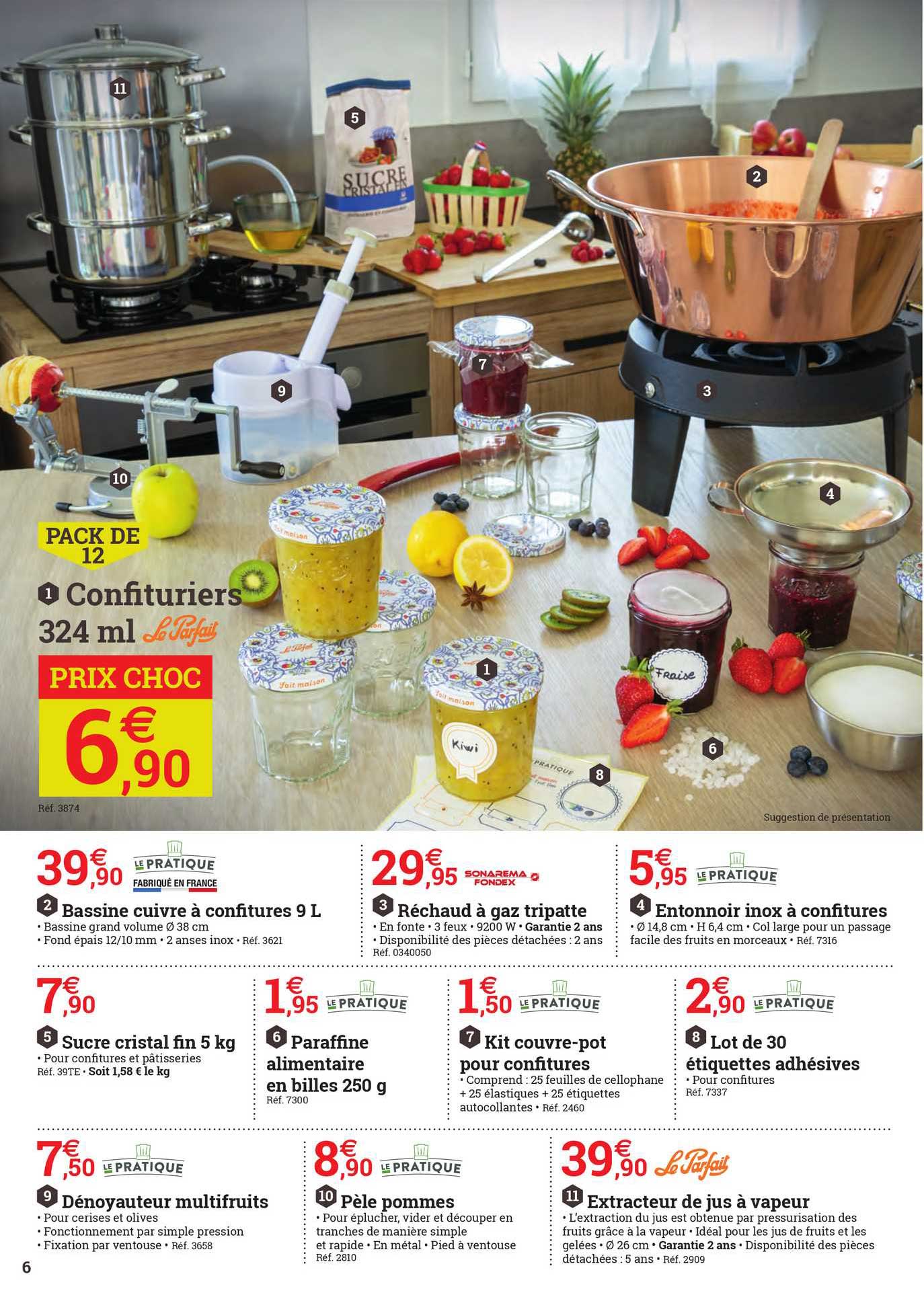 bassine cuivre à confitures 8 l, réchaud à gaz tripâtes, entonnoir inox à confitures, sucre cristal fin 5 kg, paraffine alimentaire en billes 250g, kit couvre-pot pour confitures, lot de 30 étiquettes