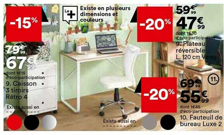 caisson 3 tiroirs rétro 4, plateau réversible l. 120 cm verso, fauteuil de bureau luxe 2