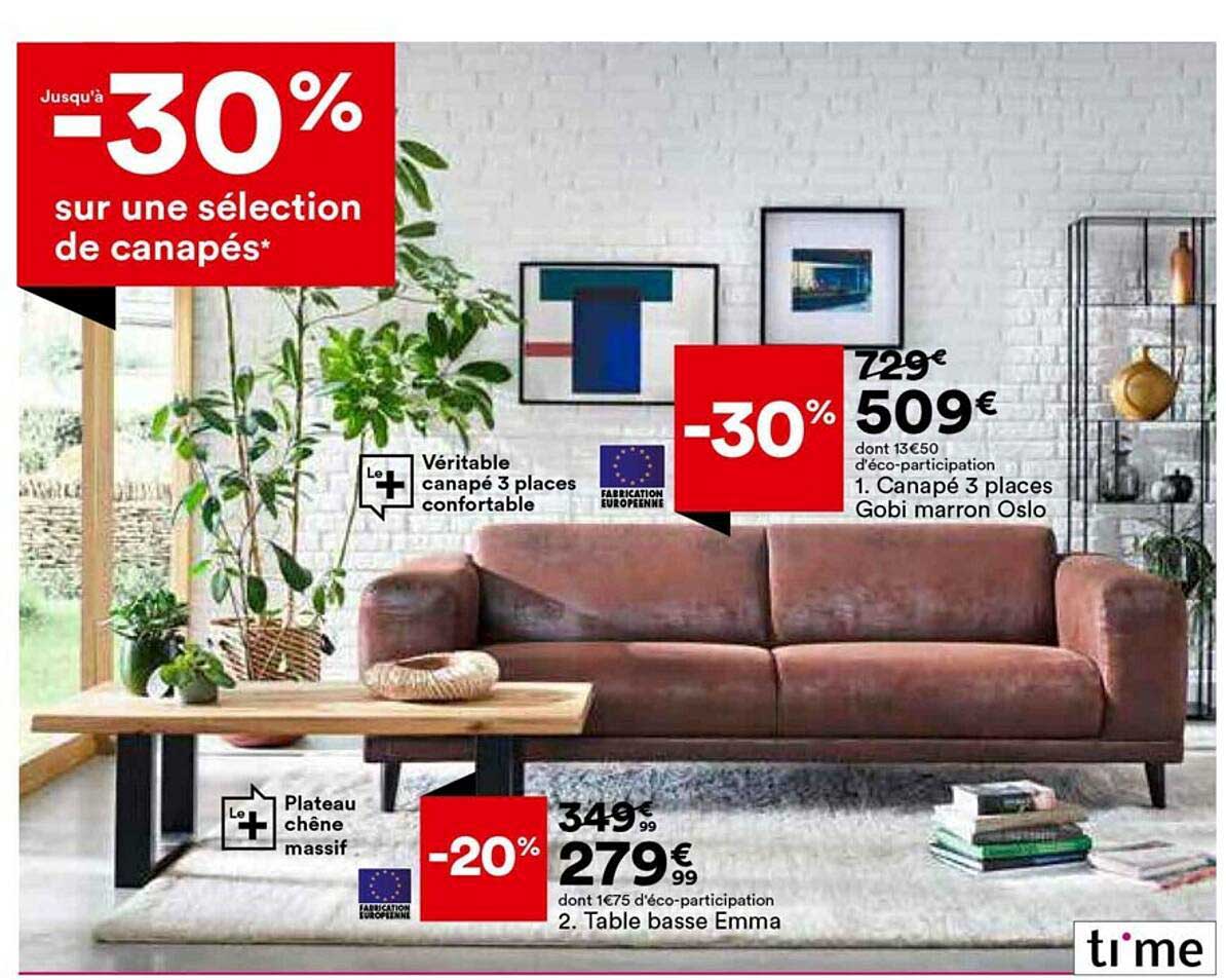 Canapé 3 Place Gobi Marron Oslo, Table Basse Emma Time