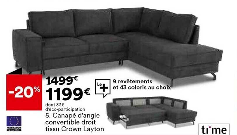 canapé d'angle convertible droit tissu crown layton