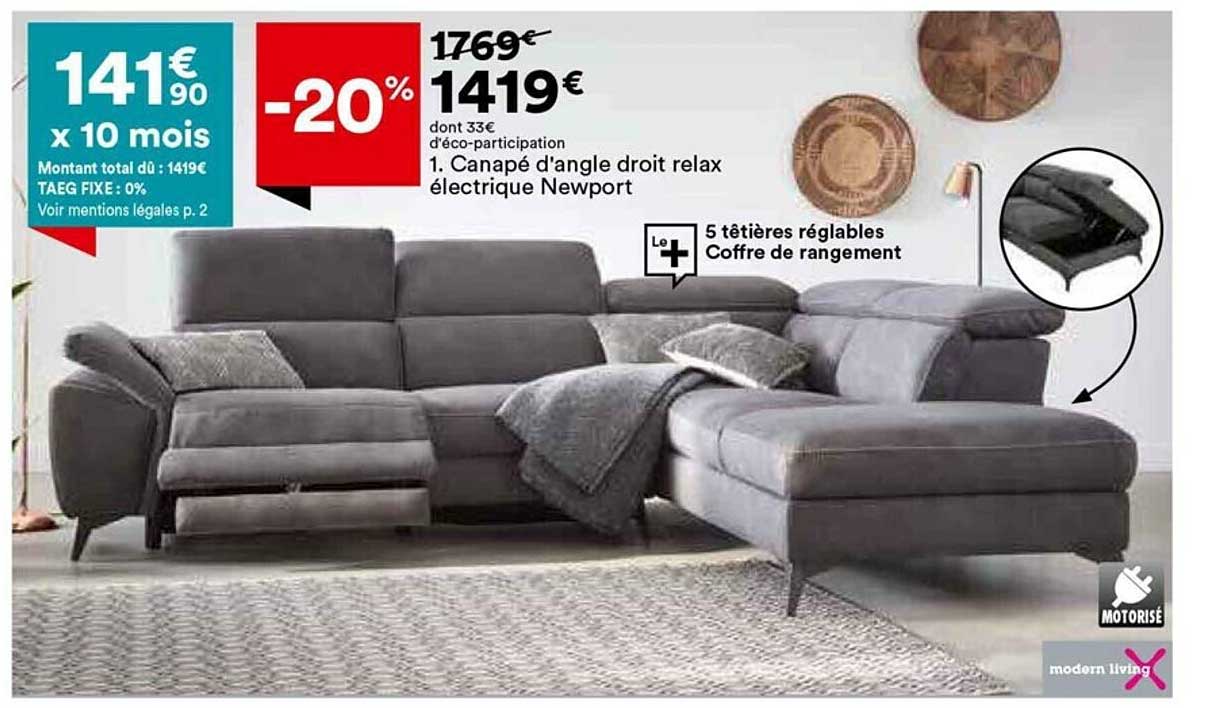 canapé d'angle droit relax électrique newport modern living