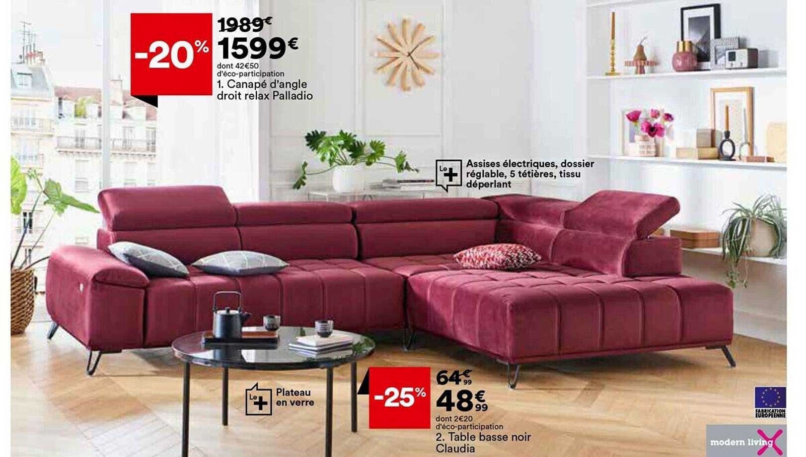 Canapé D'angle Droit Relax Palladio, Table Basse Noir Claudia Modern Living