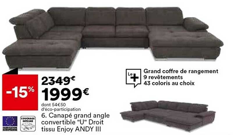 Canapé Grand Angle Convertible "u" Droit Tissu Enjoy Andy III