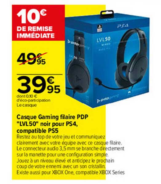 casque gaming filaire pdp "lvl50" noir pour ps4, compatible ps5